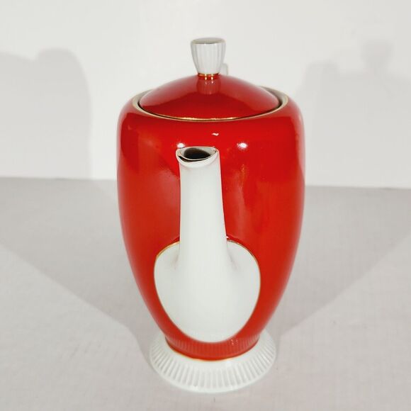 Chodziez Footed Coffee Teapot Red MCM Vtg Poland Ceramic Retro Tall Gold Trim - Picture 4 of 15